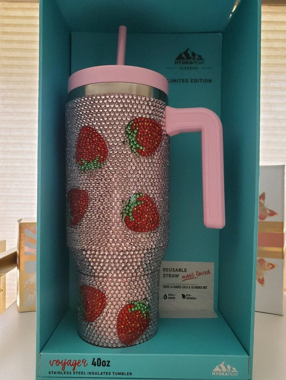 Pink Rhinestone Strawberry Bling  Hydra Peak 40 Oz Tumbler with Straw